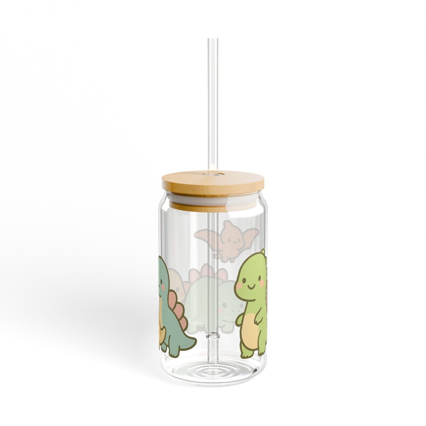 Kawaii Dinosaur Glass Tumbler with Bamboo Lid & Straw – Cute Reusable Cup