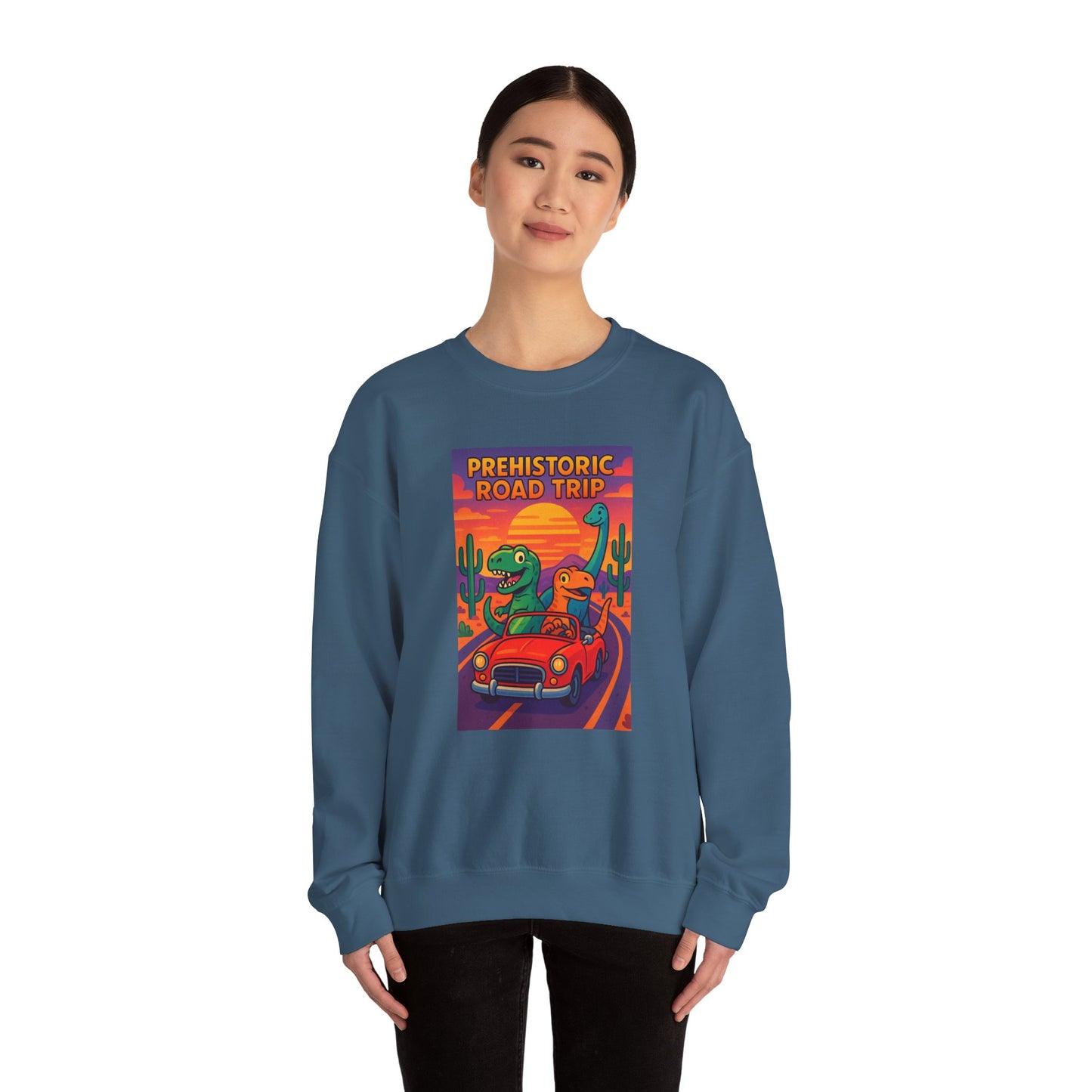 Prehistoric Roadtrip Crewneck Sweatshirt – Unisex Heavy Blend™ Dino Adventure Sweater