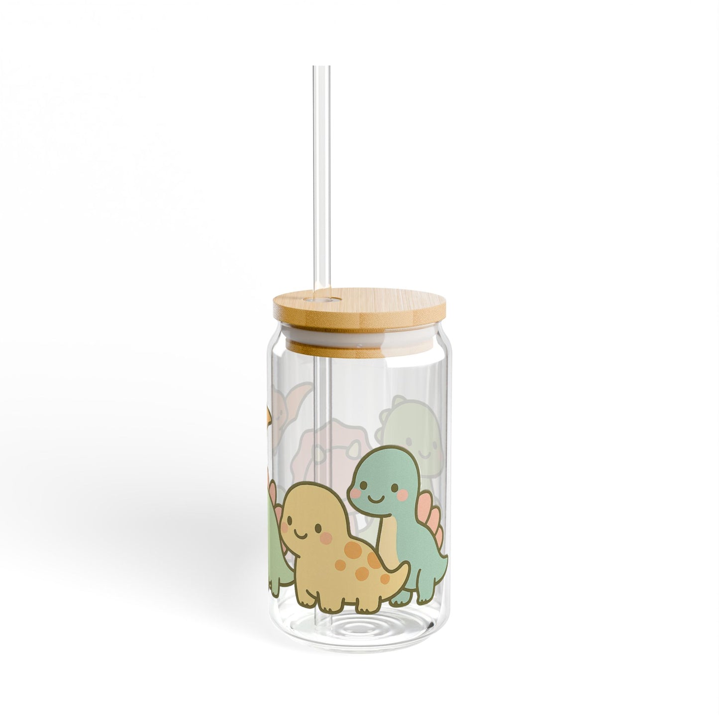 Kawaii Dinosaur Glass Tumbler with Bamboo Lid & Straw – Cute Reusable Cup