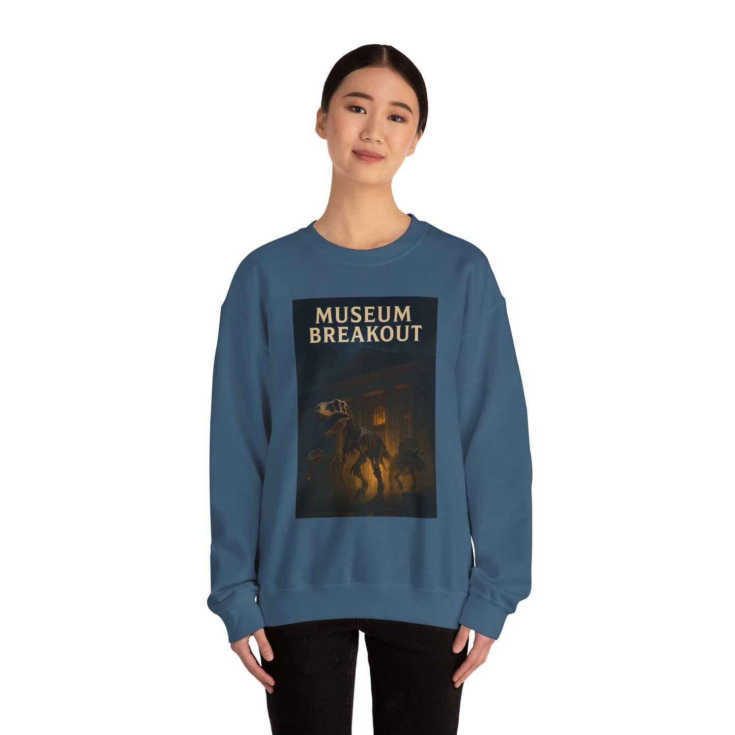 Museum Breakout Crewneck Sweatshirt – Unisex Heavy Blend™ Funny Dinosaur Escape Sweater