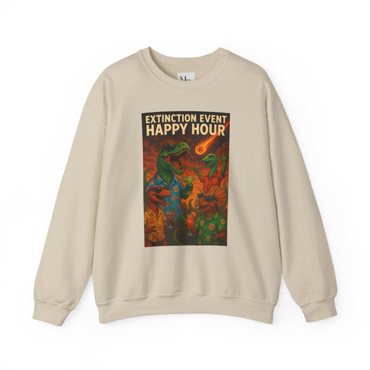 Extinction Event Happy Hour Crewneck Sweatshirt – Unisex Heavy Blend™ Funny Dinosaur Drinking Sweater