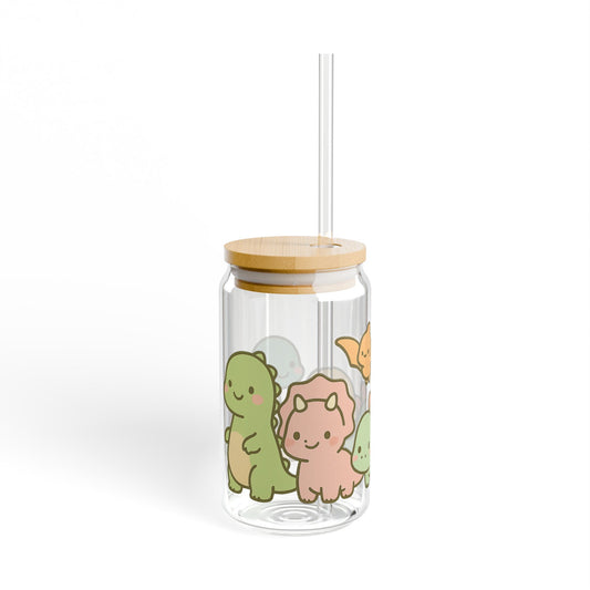 Kawaii Dinosaur Glass Tumbler with Bamboo Lid & Straw – Cute Reusable Cup