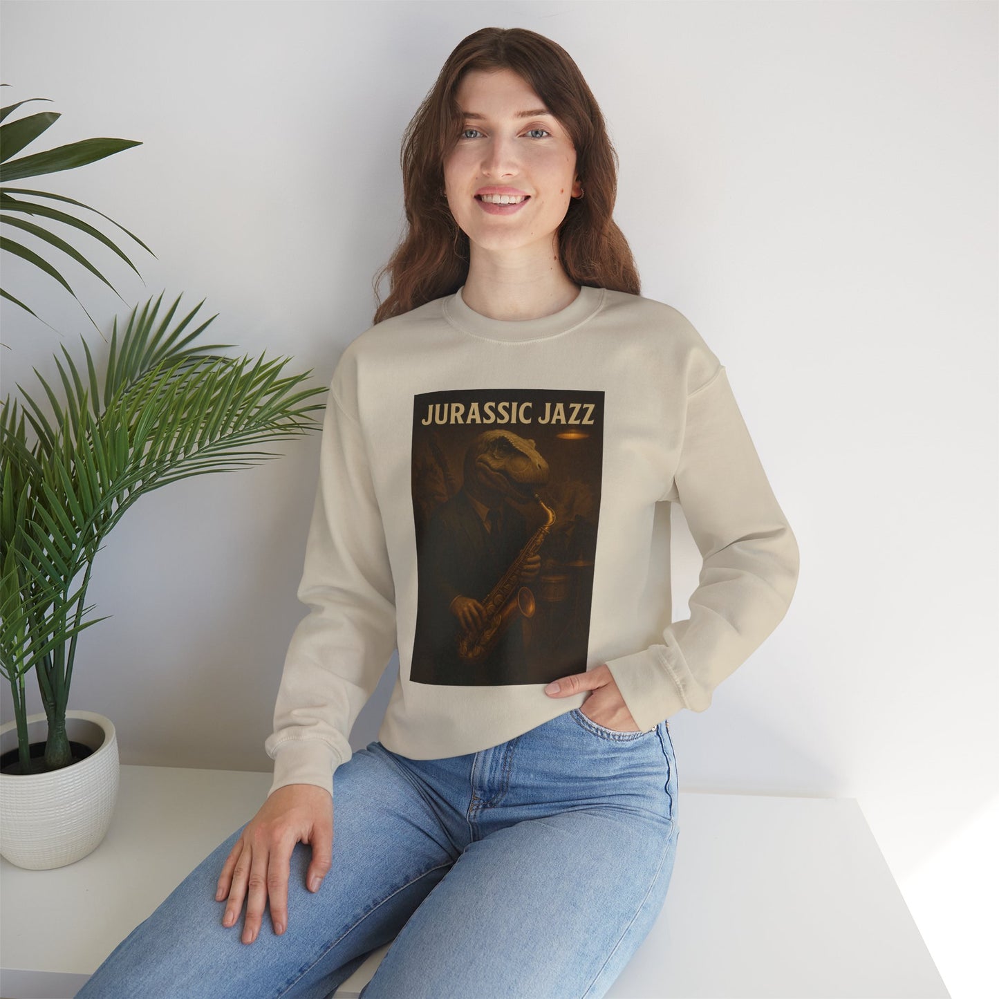 Jurassic Jazz Crewneck Sweatshirt – Unisex Heavy Blend™ Dinosaur Music Sweater