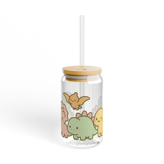 Kawaii Dinosaur Glass Tumbler with Bamboo Lid & Straw – Cute Reusable Cup